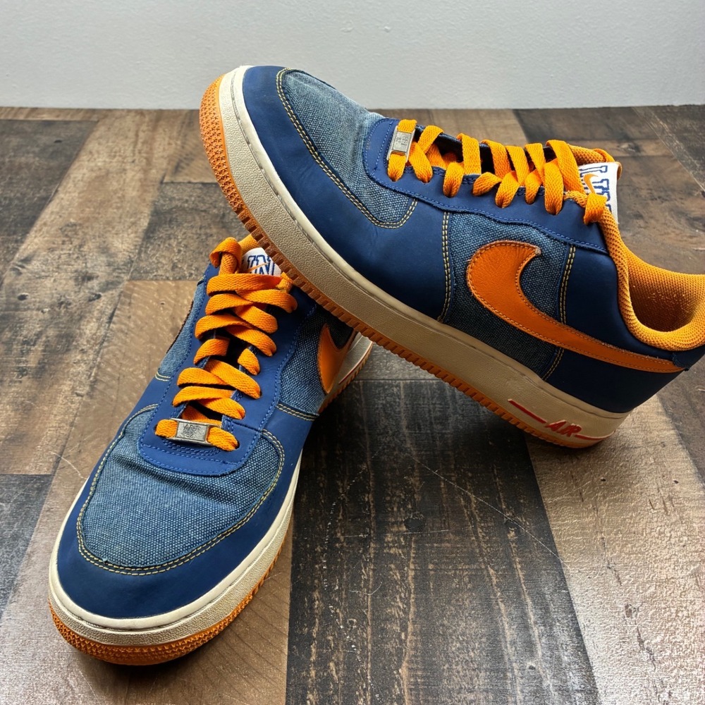 Nike Air Force 1 Low Mens 10.5 Blue Orange Denim 548559-400 Good JL 17 Knicks